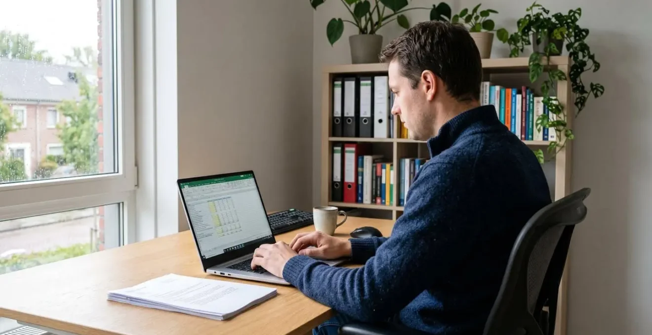 Ondernemer werkt aan TCO-kostenberekening in spreadsheet op laptop in hedendaags thuiskantoor, zijaanzicht met natuurlijk licht
