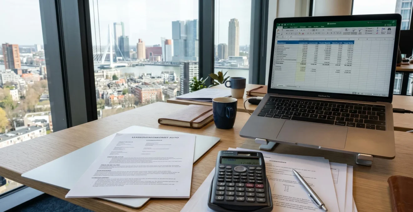 Hedendaags bureau met autoleasecontract, rekenmachine en laptop met spreadsheet kostenberekening in Rotterdam kantoor