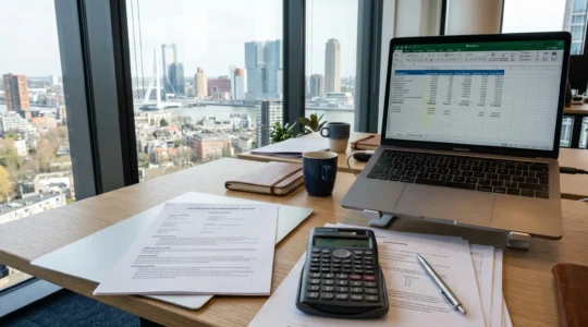 Hedendaags bureau met autoleasecontract, rekenmachine en laptop met spreadsheet kostenberekening in Rotterdam kantoor